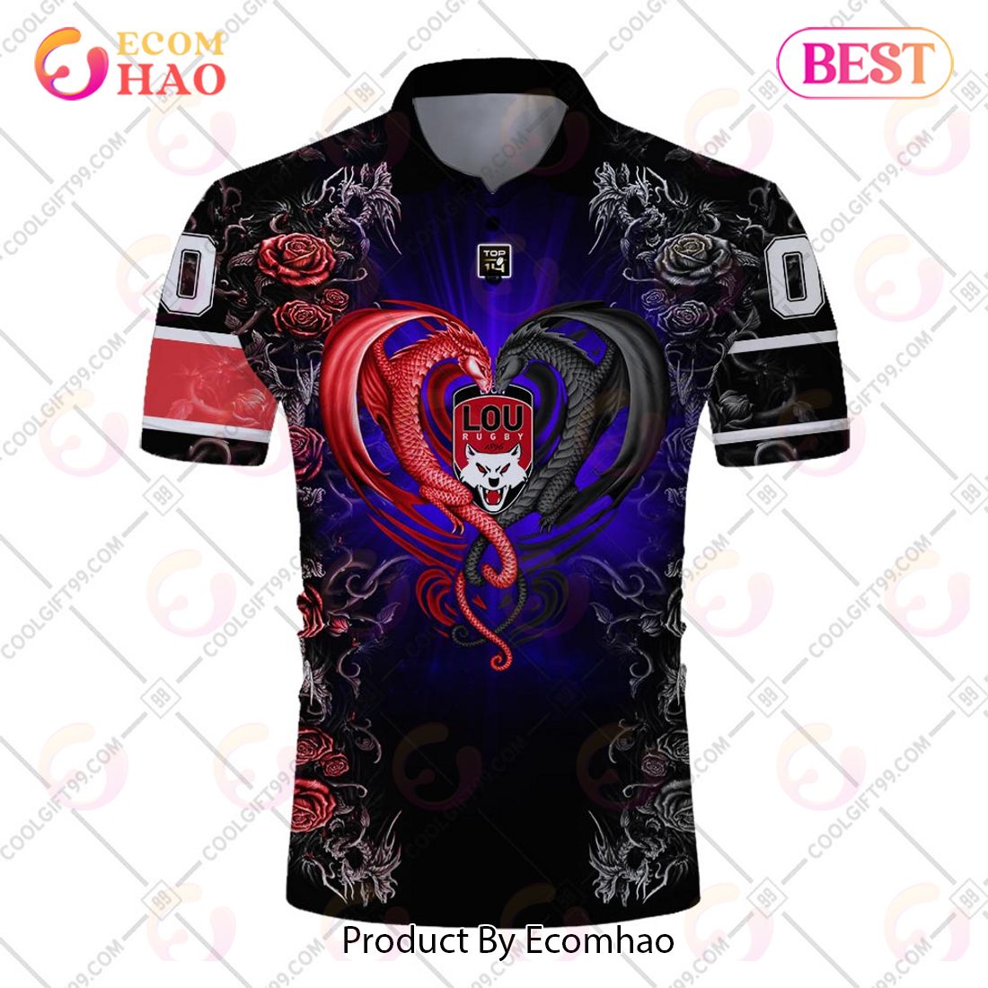 Personalized Lyon LOU Rugby Rose Dragons Design Polo