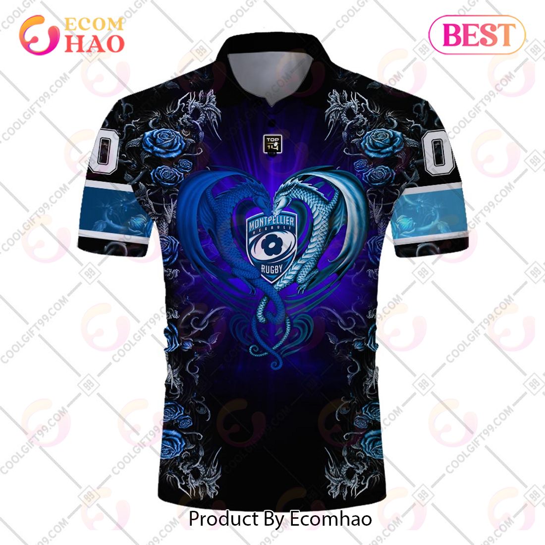 Personalized Montpellier Herault Rugby Rose Dragons Design Polo