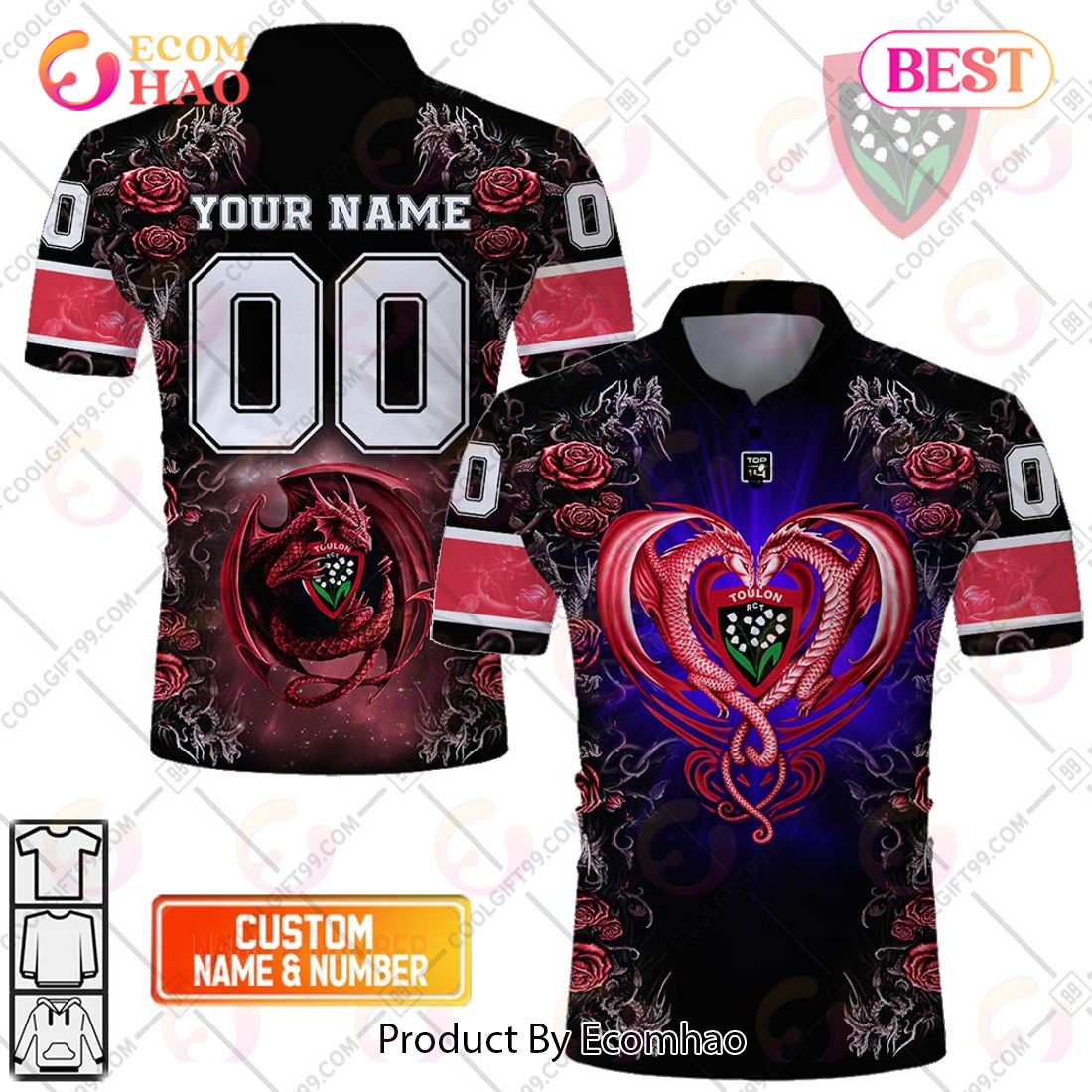 Personalized RC Toulonnais Rugby Rose Dragons Design Polo