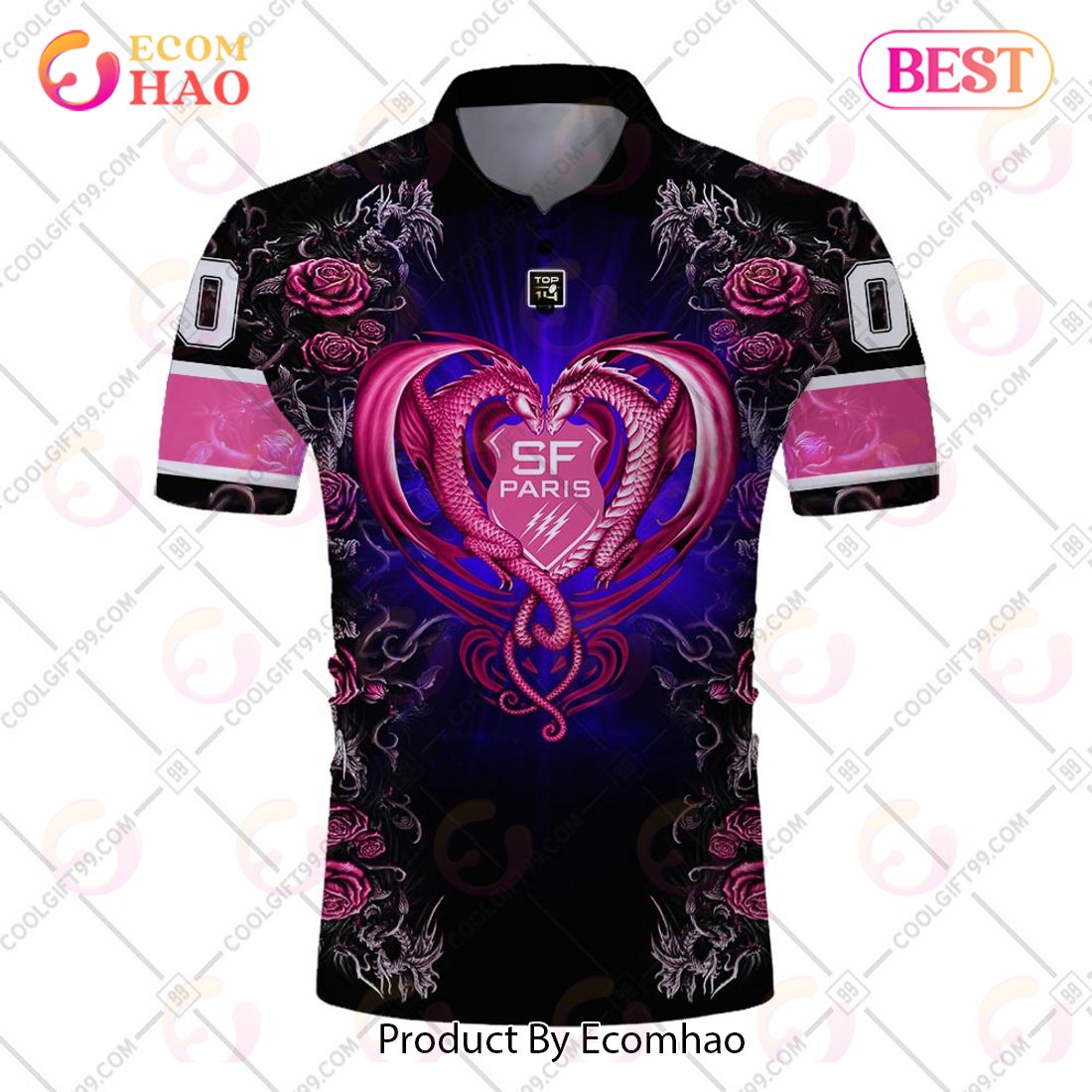 Personalized Stade Francais Paris Rugby Rose Dragons Design Polo