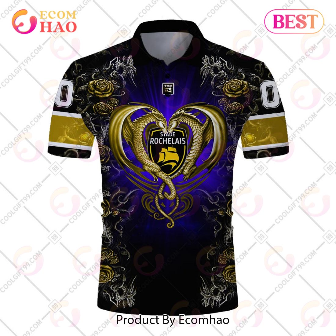 Personalized Stade Rochelais Rugby Rose Dragons Design Polo