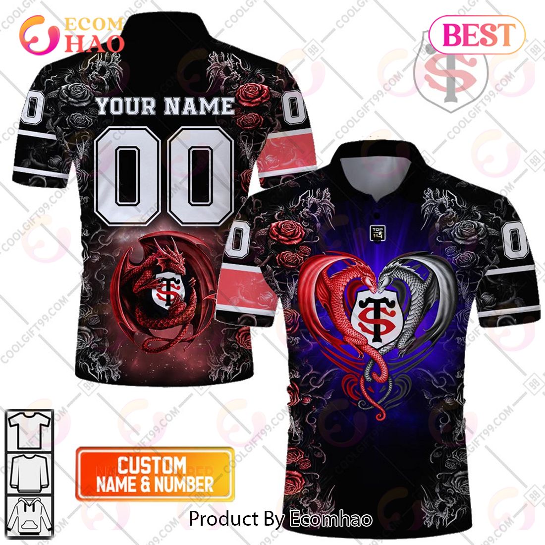 Personalized Stade Toulousain Rugby Rose Dragons Design Polo