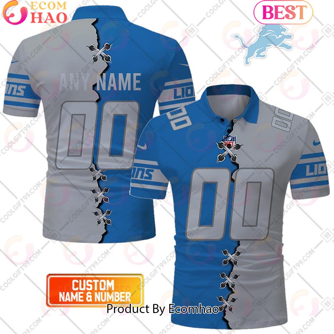 Personalized NFL Detroit Lions Mix Jersey Style Polo Shirt