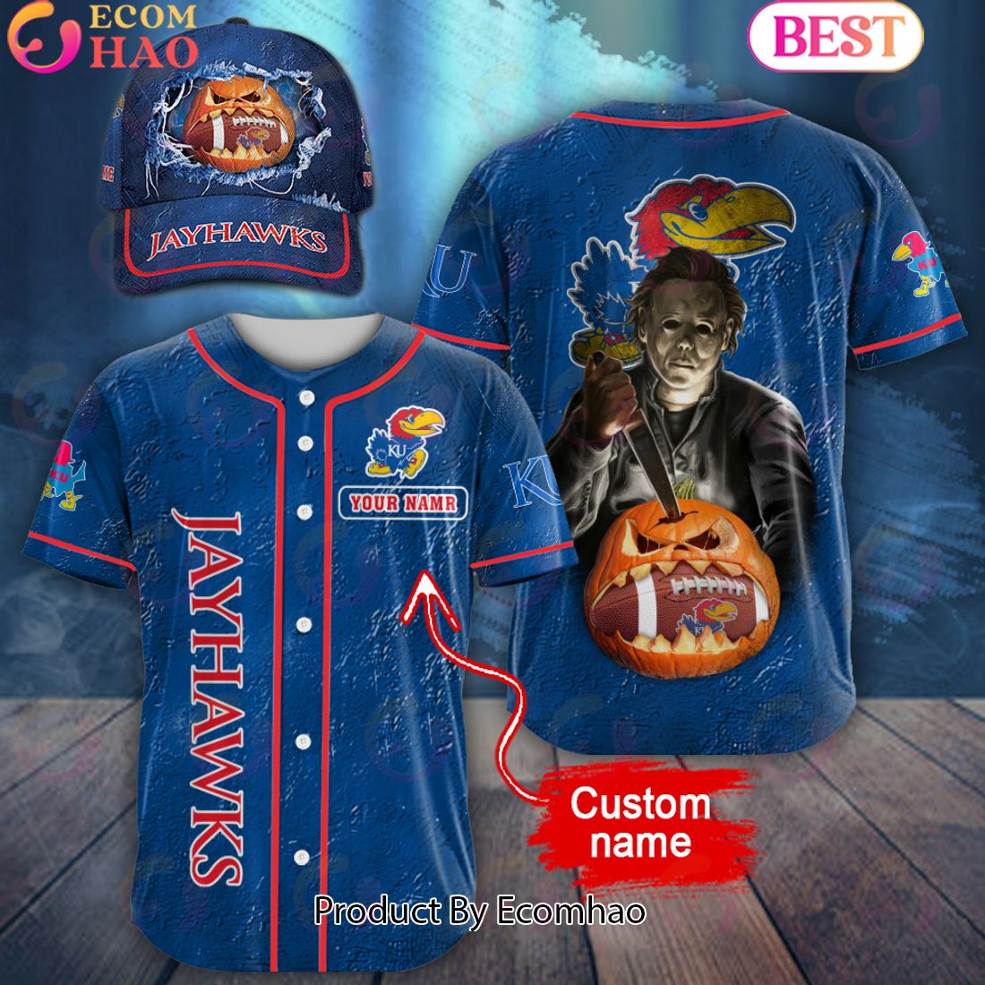 NCAA Kansas Jayhawks Special Michael Myers Design PERSONALIZED Baseball Jersey