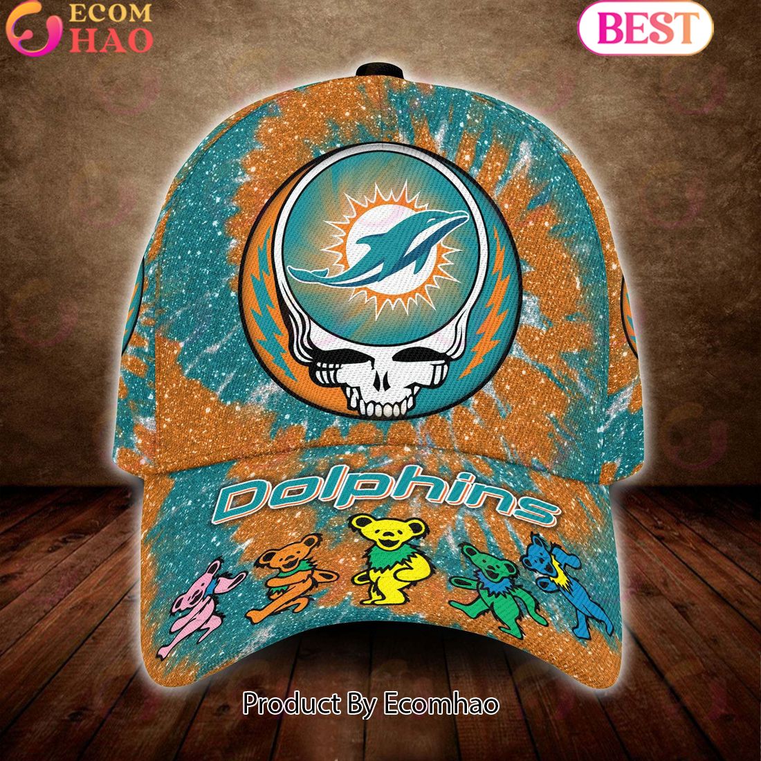 Miami Dolphins 2023 3D Cap NFL & Grateful Dead Dancing Bears