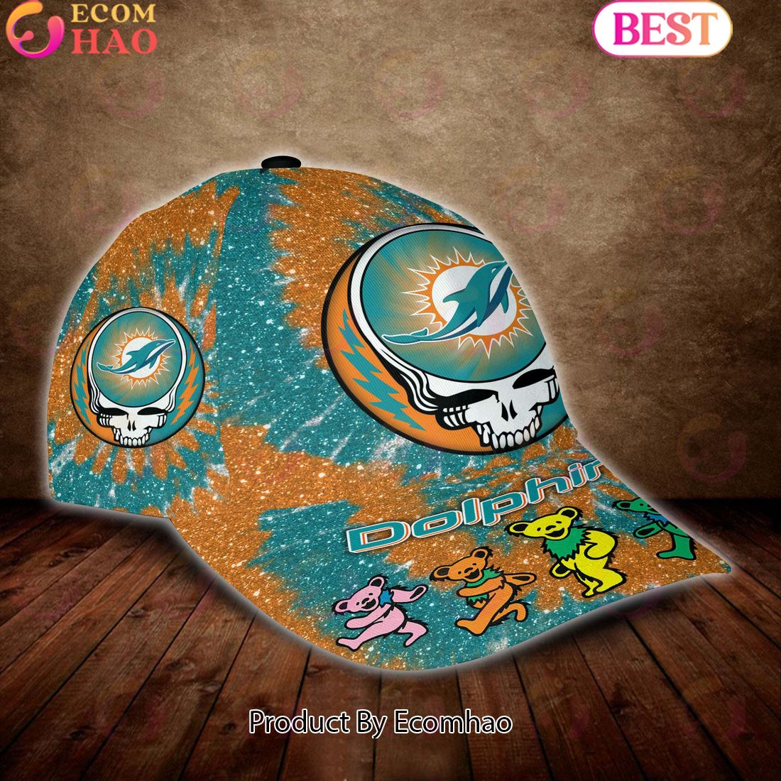 Miami Dolphins 2023 3D Cap NFL & Grateful Dead Dancing Bears