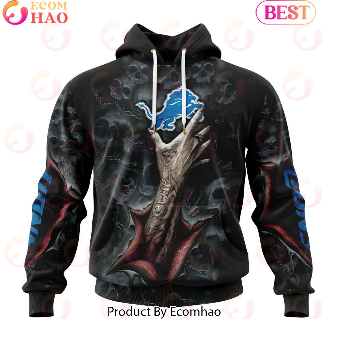 NFL Detroit Lions Special Horror Skull Art Design Halloween 3D Hoodie