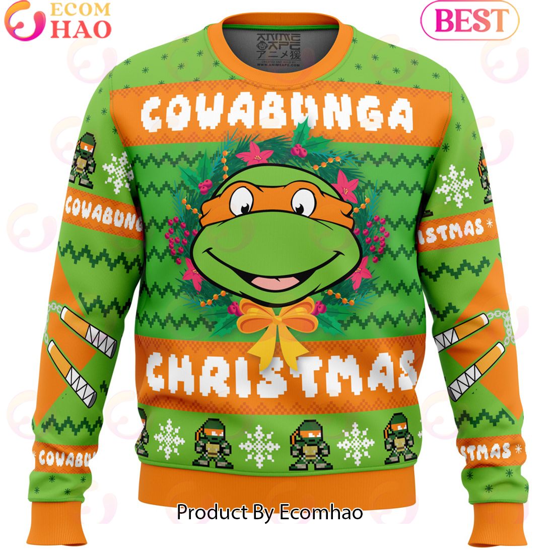 Cowabunga Michaelangelo Christmas Teenage Mutant Ninja Turtles Ugly Christmas Sweater