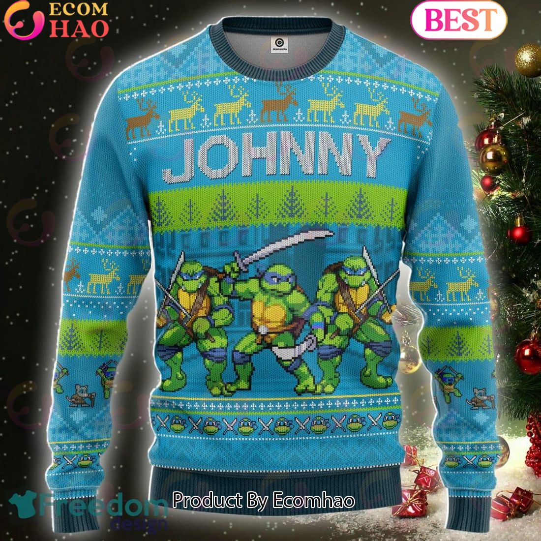 Leonardo TMNT New Style Ugly Christmas Sweater Custom Name