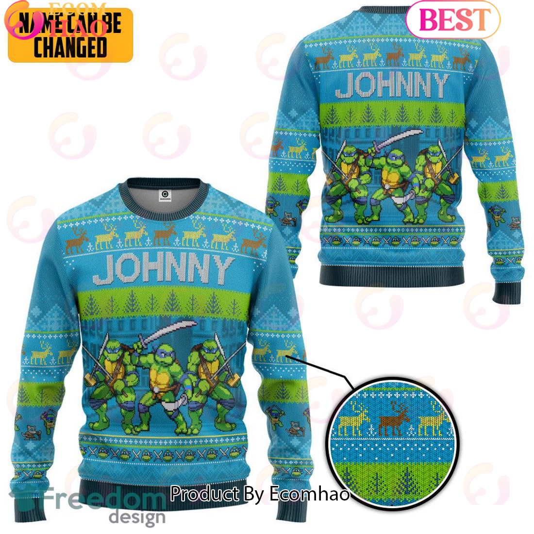 Leonardo TMNT New Style Ugly Christmas Sweater Custom Name