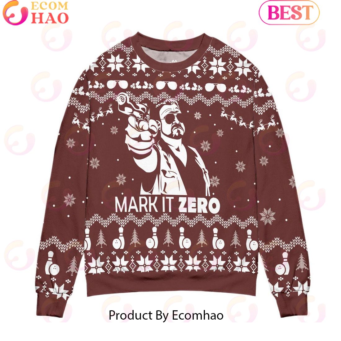 Mark It Zero The Big Lebowski Pine Tree And Snowflake Pattern Ugly Christmas Sweater – All Over Print 3D Sweater – Red