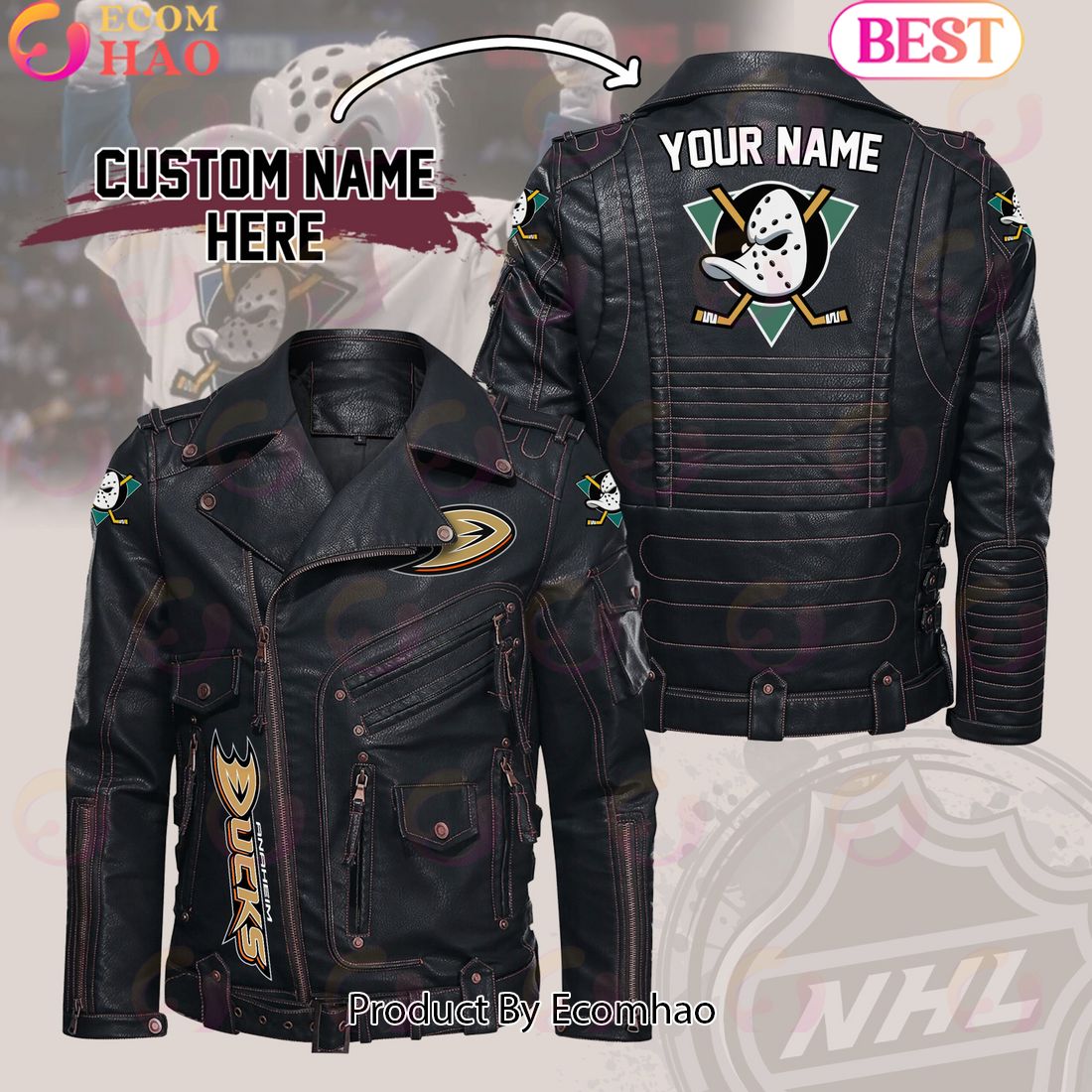 NHL Anaheim Ducks Belt Solid Zipper Street Leather Jacket