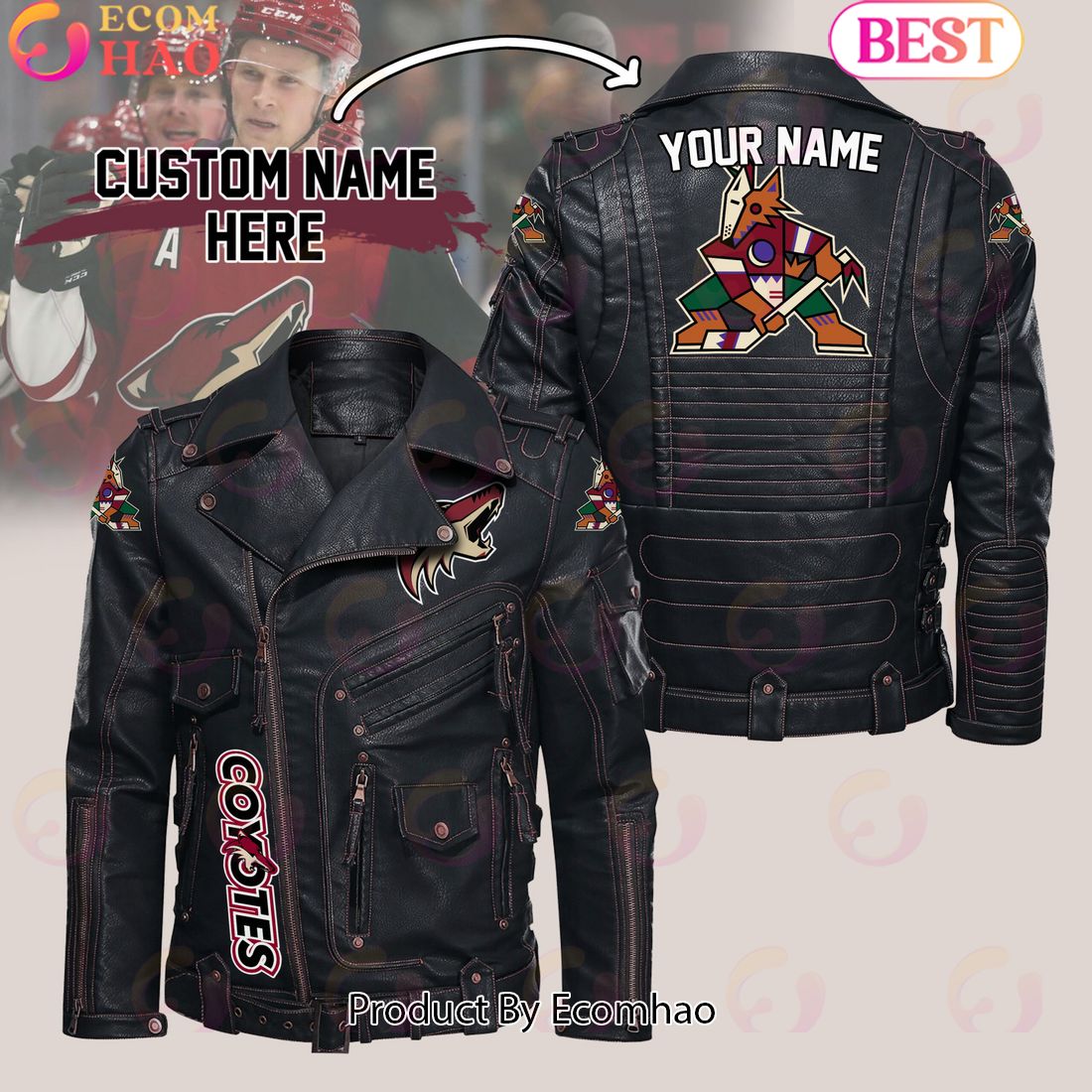 NHL Arizona Coyotes Belt Solid Zipper Street Leather Jacket