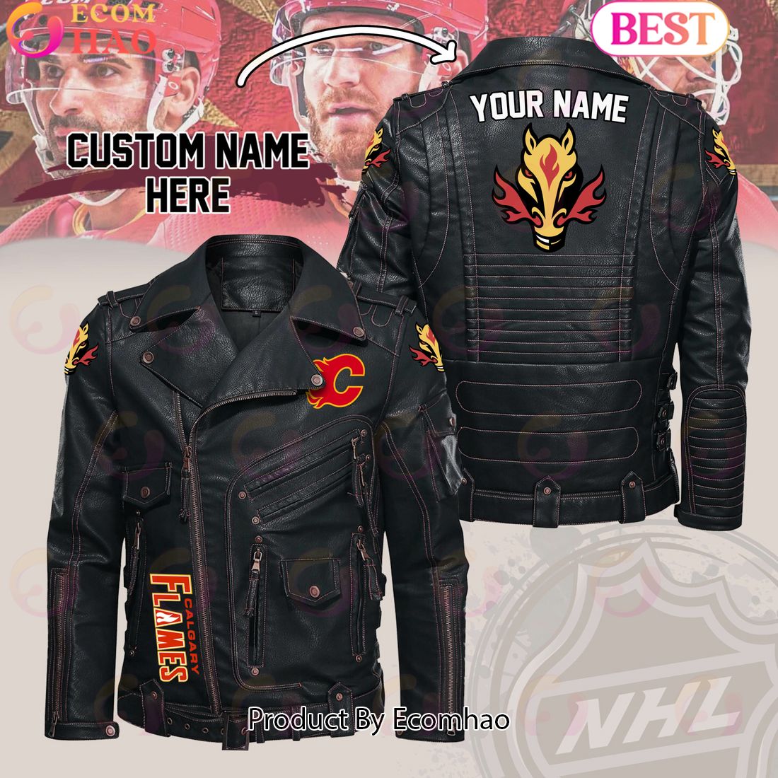 NHL Arizona Coyotes Belt Solid Zipper Street Leather Jacket