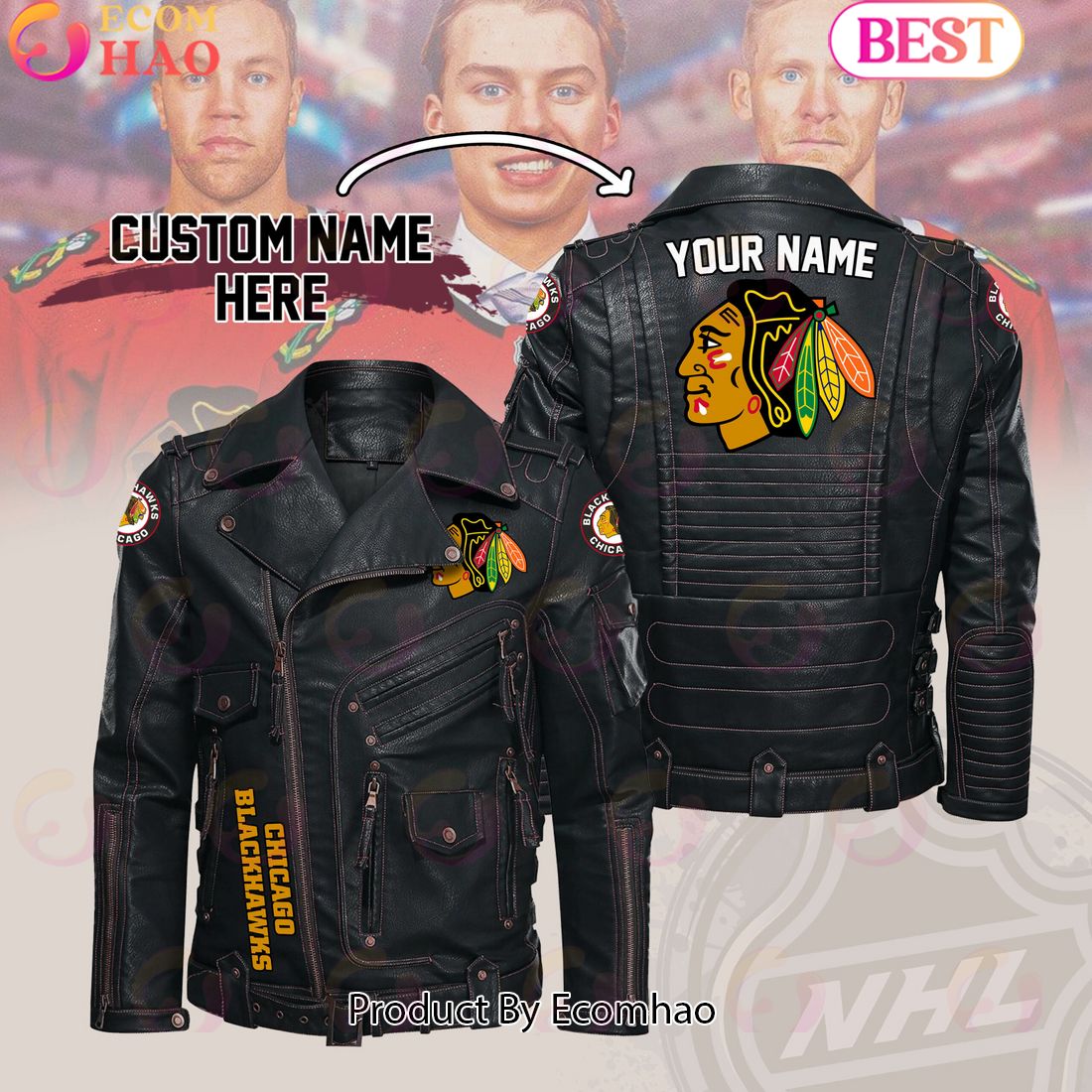 NHL Chicago Blackhawks Belt Solid Zipper Street Leather Jacket