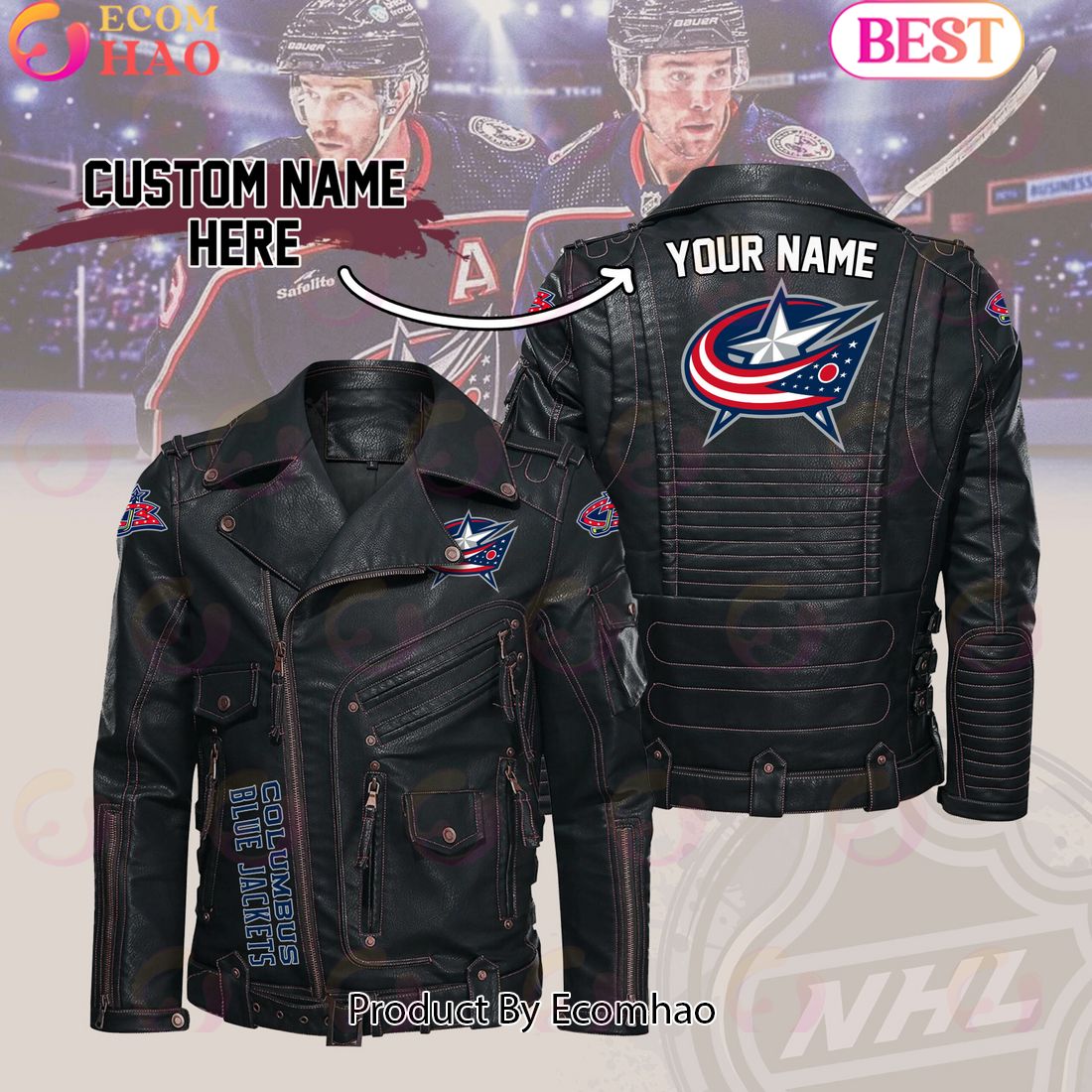 NHL Columbus Blue Jackets Belt Solid Zipper Street Leather Jacket