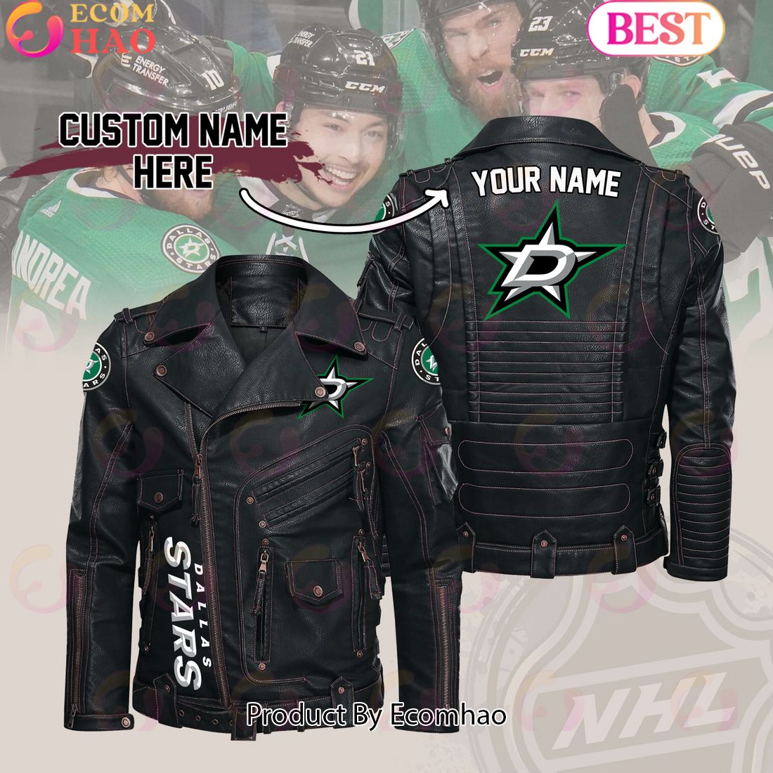 NHL Dallas Stars Belt Solid Zipper Street Leather Jacket