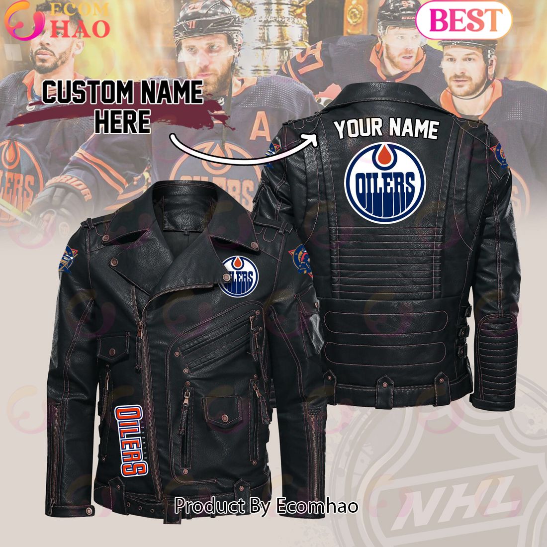 NHL Edmonton Oilers Belt Solid Zipper Street Leather Jacket