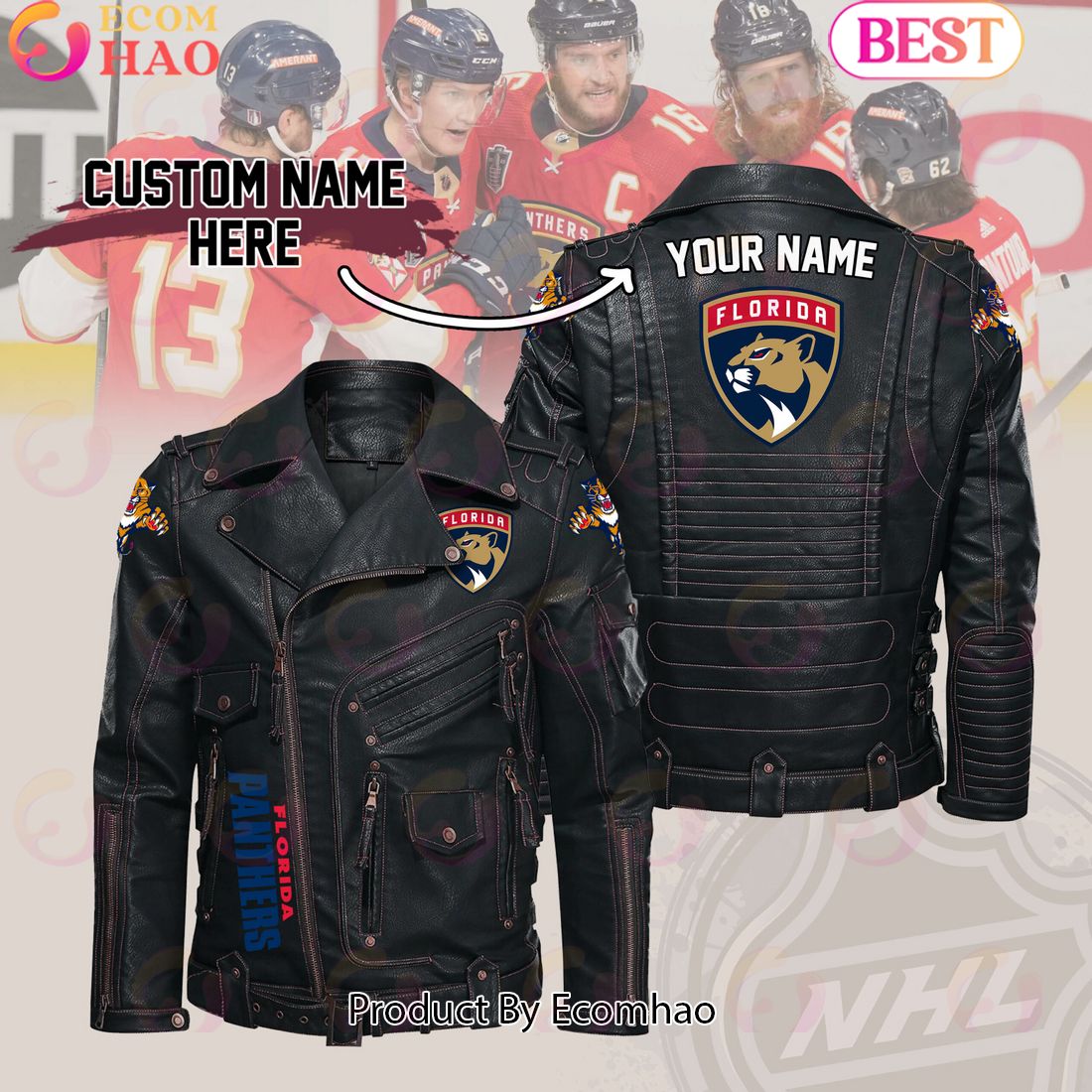 NHL Florida Panthers Belt Solid Zipper Street Leather Jacket