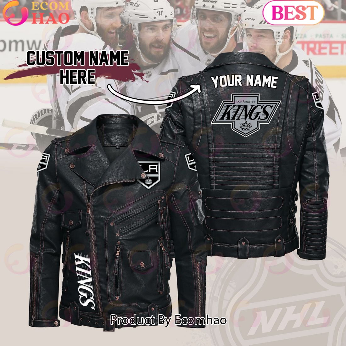 NHL Los Angeles Kings Belt Solid Zipper Street Leather Jacket