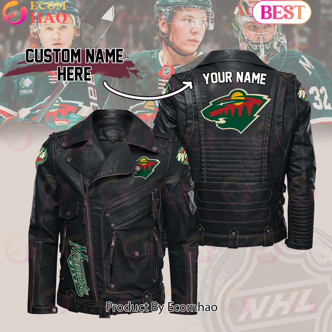 NHL Minnesota Wild Belt Solid Zipper Street Leather Jacket