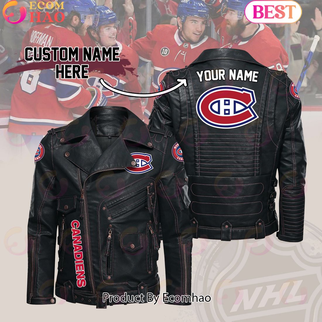 NHL Montreal Canadiens Belt Solid Zipper Street Leather Jacket