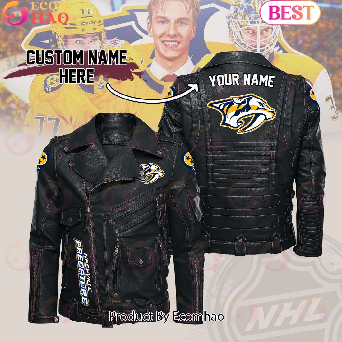 NHL Nashville Predators Belt Solid Zipper Street Leather Jacket