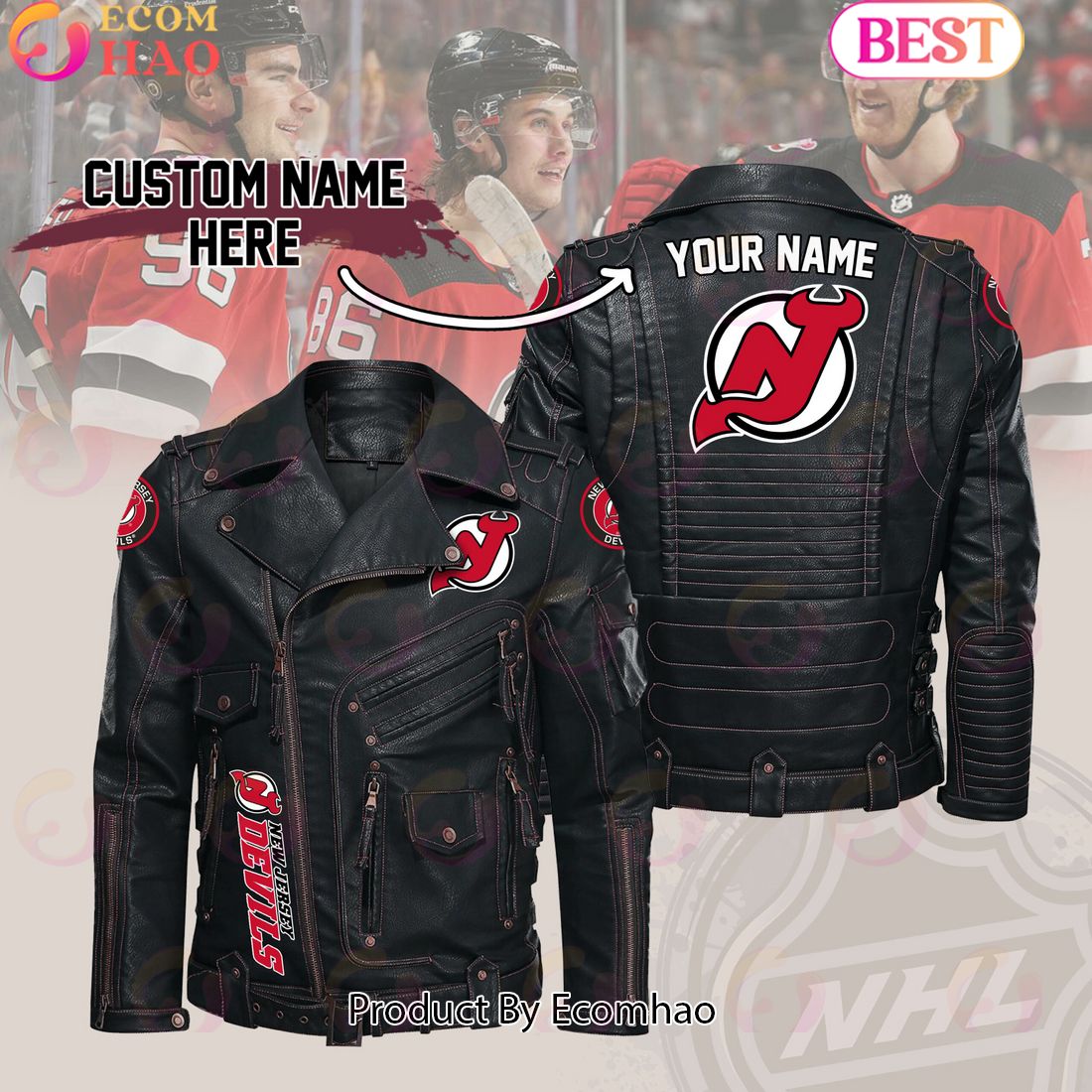 NHL New Jersey Devils Belt Solid Zipper Street Leather Jacket