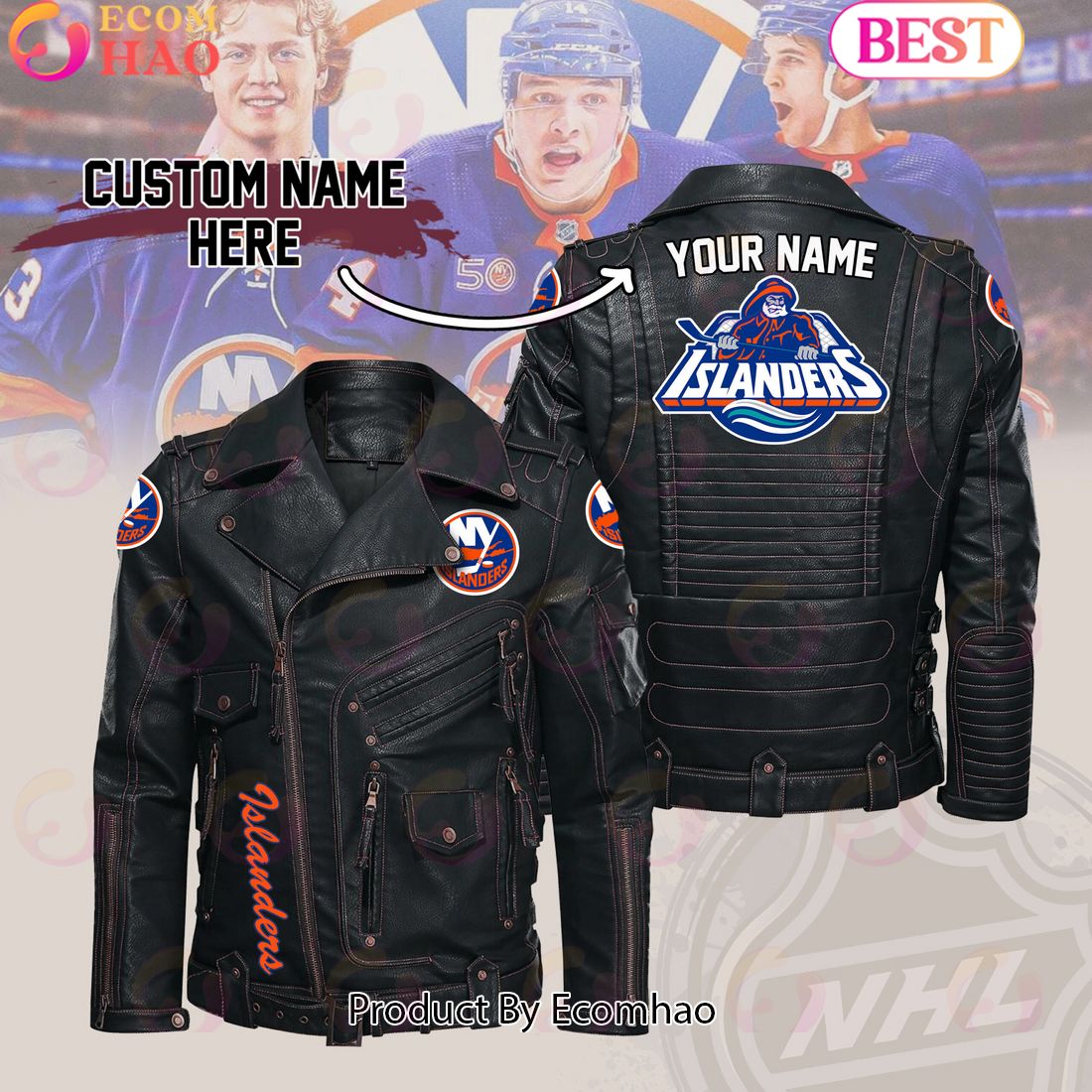 NHL New York Islanders Belt Solid Zipper Street Leather Jacket