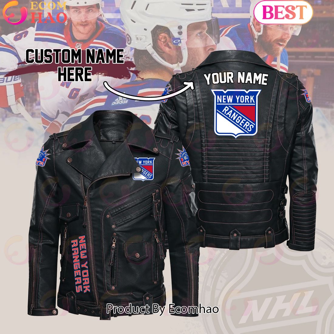 NHL New York Rangers Belt Solid Zipper Street Leather Jacket