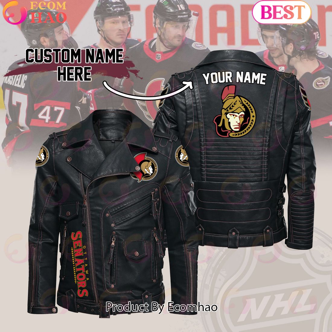 NHL Ottawa Senators Belt Solid Zipper Street Leather Jacket