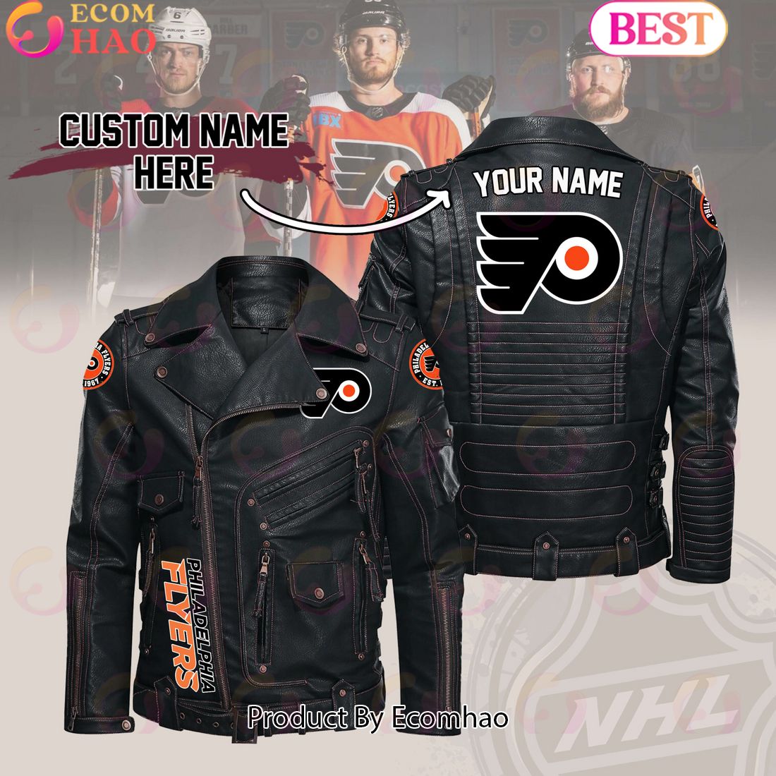 NHL Philadelphia Flyers Belt Solid Zipper Street Leather Jacket