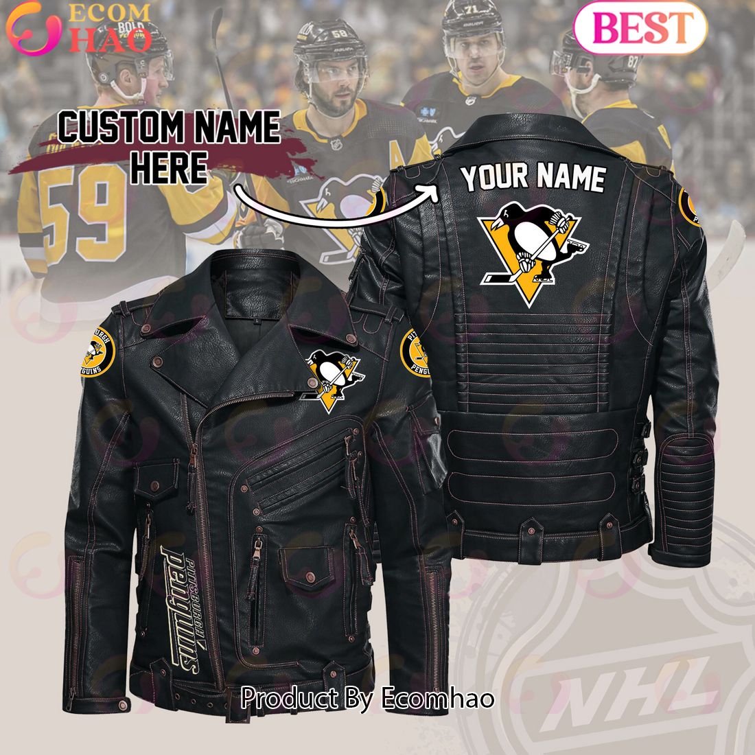 NHL Pittsburgh Penguins Belt Solid Zipper Street Leather Jacket