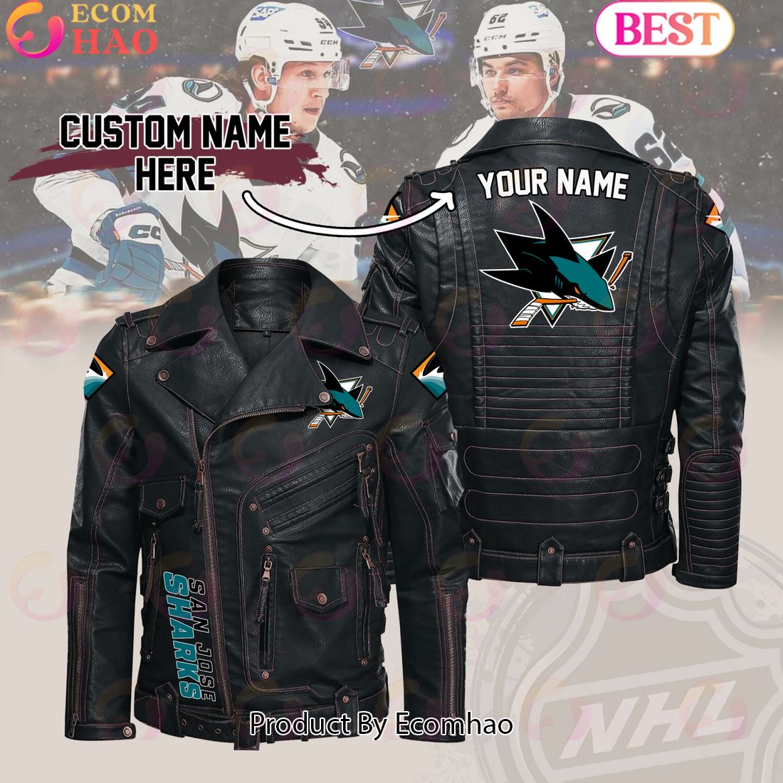 NHL San Jose Sharks Belt Solid Zipper Street Leather Jacket