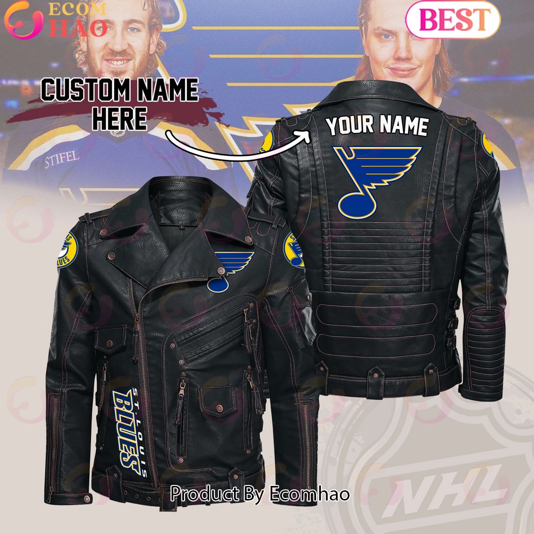 NHL St. Louis Blues Belt Solid Zipper Street Leather Jacket