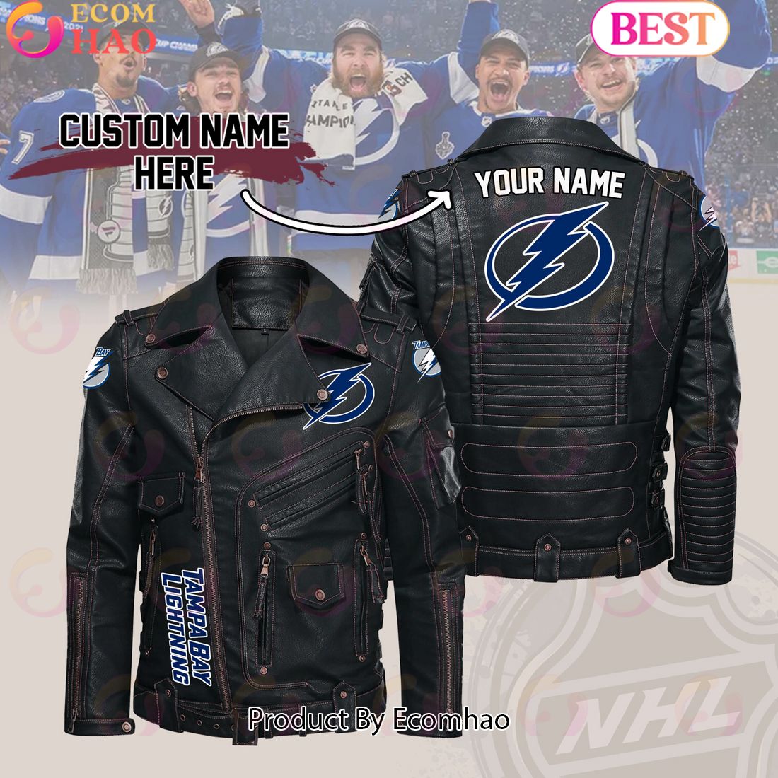 NHL Tampa Bay Lightning Belt Solid Zipper Street Leather Jacket