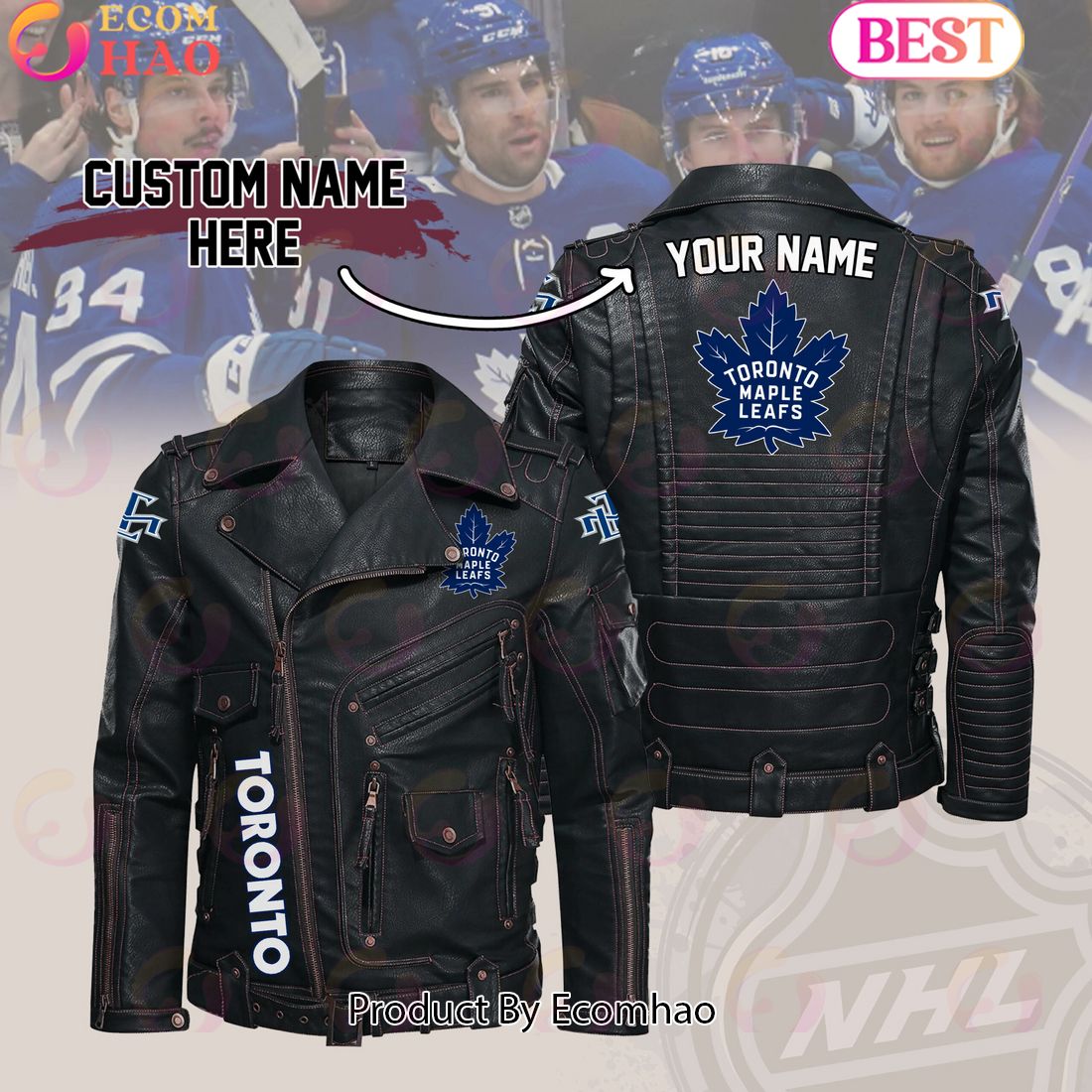 NHL Toronto Maple Leafs Belt Solid Zipper Street Leather Jacket