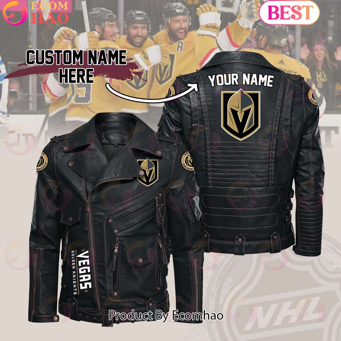 NHL Vegas Golden Knights Belt Solid Zipper Street Leather Jacket