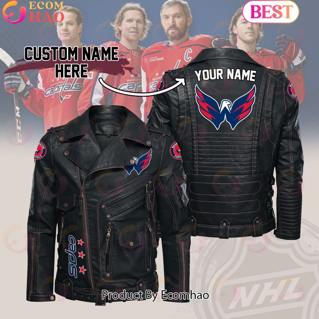 NHL Washington Capitals Belt Solid Zipper Street Leather Jacket