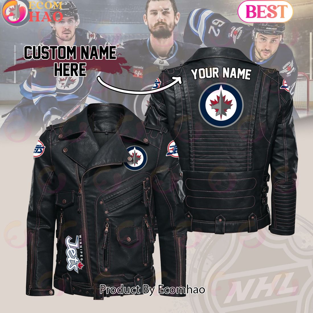 NHL Winnipeg Jets Belt Solid Zipper Street Leather Jacket