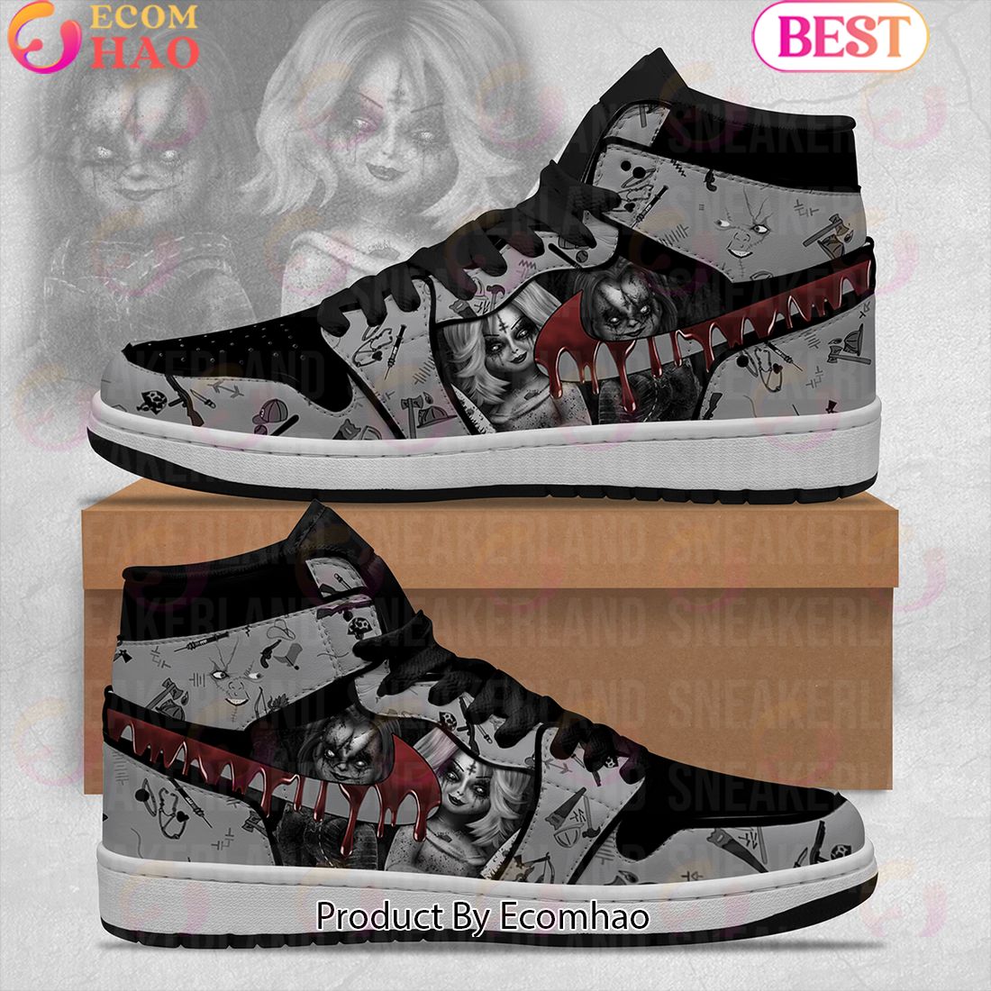 Halloween Chucky And Tiffany Air Jordan High Top Sneakers