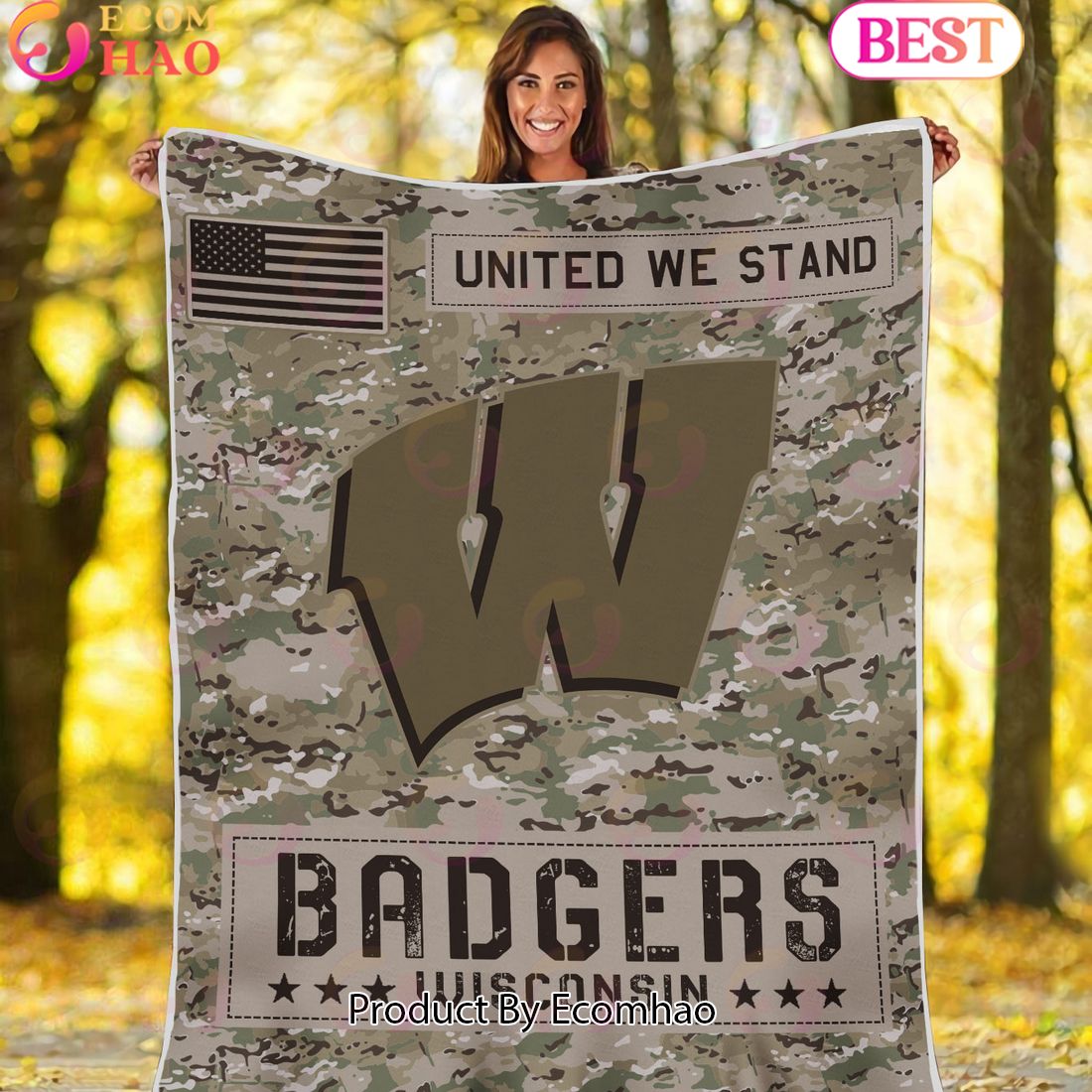 NCAA Wisconsin Badgers Army Camo Fleece Blanket