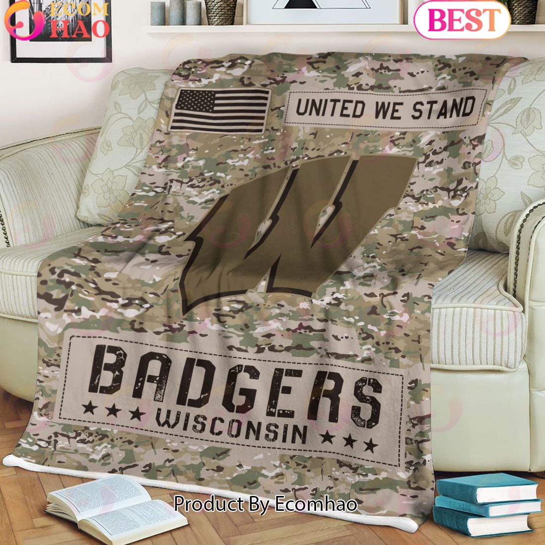 NCAA Wisconsin Badgers Army Camo Fleece Blanket