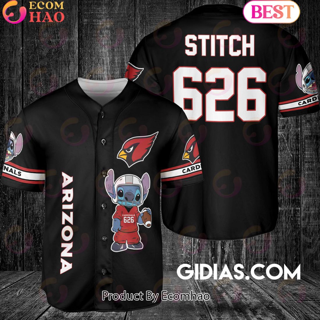 Arizona Cardinals Lilo And Stitch Baseball Jersey Black