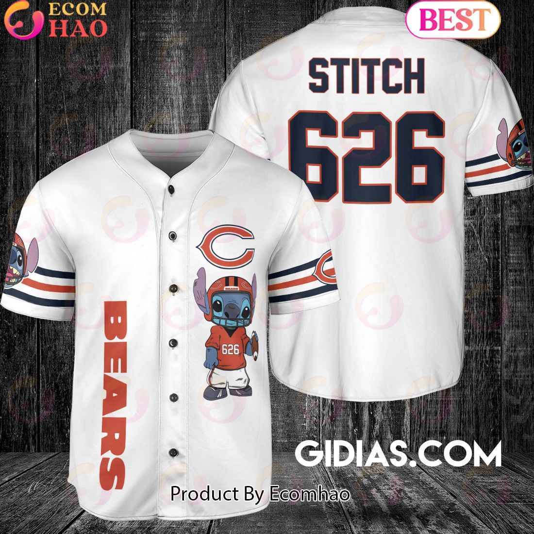 Chicago Bears Lilo And Stitch Baseball Jersey White