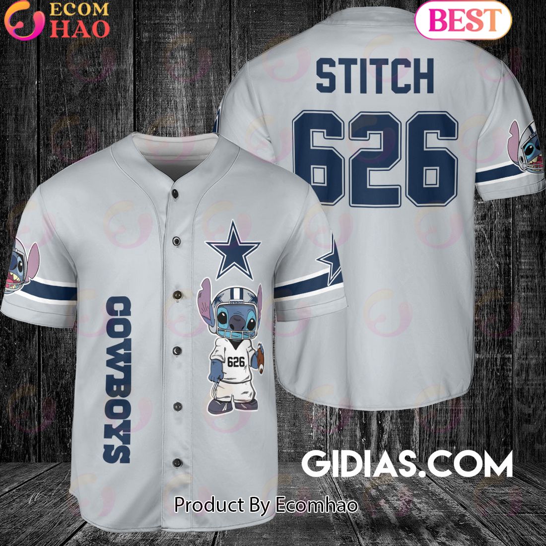 Dallas Cowboys Lilo And Stitch Baseball Jersey Gray