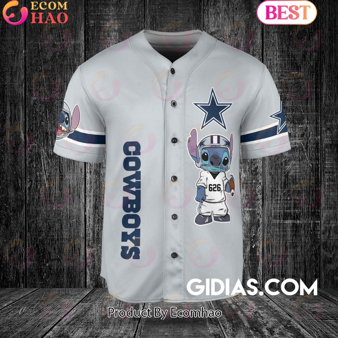 Dallas Cowboys Lilo And Stitch Baseball Jersey Gray