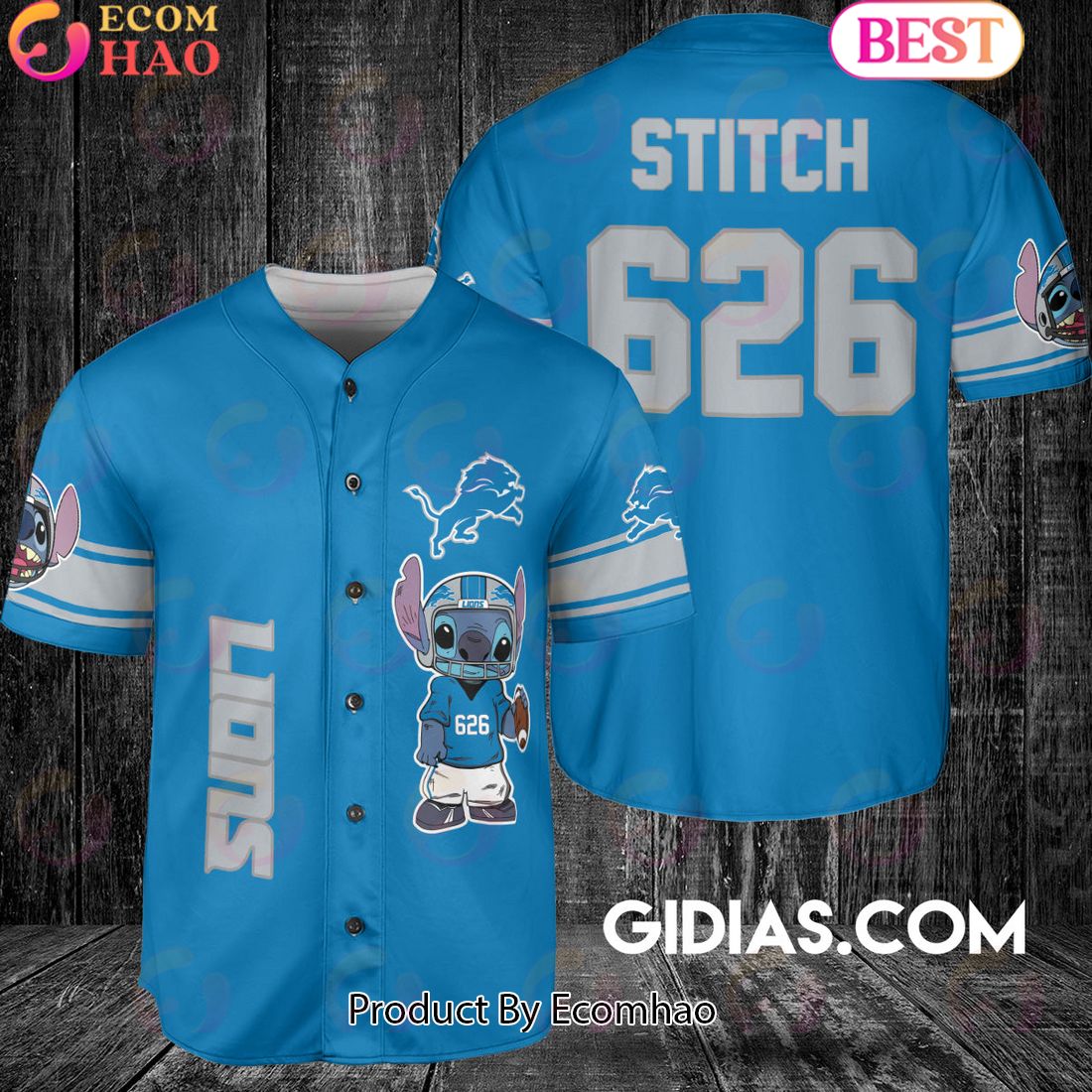 Detroit Lions Lilo And Stitch Baseball Jersey Blue