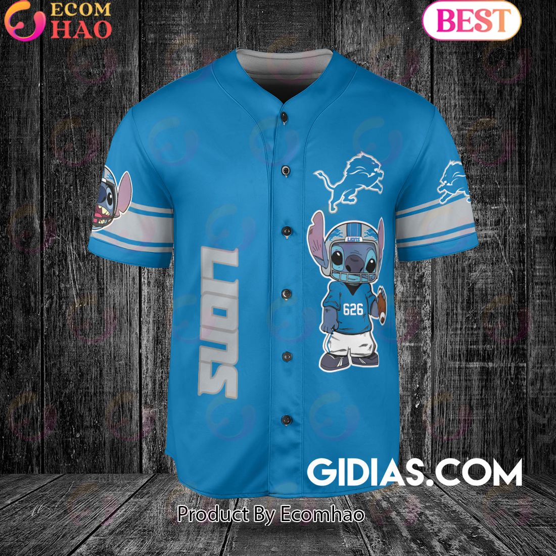 Detroit Lions Lilo And Stitch Baseball Jersey Blue