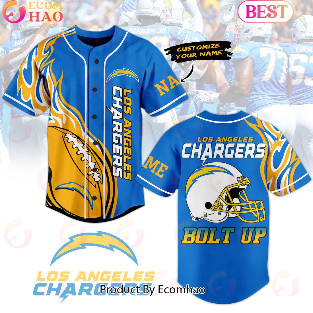 Personalized Los Angeles Chargers Bolt Up Baseball Jersey